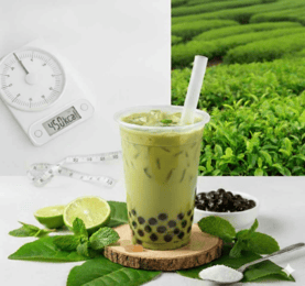 A collage image showing a close-up of a green tea bubble tea, a digital scale displaying a high calorie count, and a green tea plantation in the background, with the title of a blog post "Are Calories in Green Tea Bubble Tea Sabotaging Your Diet? Fin